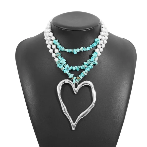 Heart Necklace Silver Pendant Turquoise and Pearl Strands - Picture 5 of 11